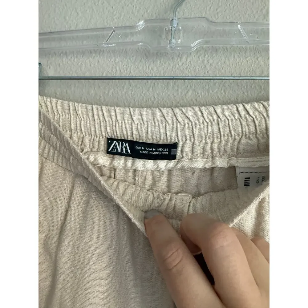ZARA Women’s Sz M Linen Blend Wide Leg Pants Beige Tan Elastic Waist Drawstring